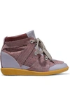 ISABEL MARANT ISABEL MARANT WOMAN BETTY LEATHER AND SUEDE WEDGE SNEAKERS LILAC,3074457345619751232