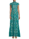 Alice And Olivia Arwen Floral-embroidered Cap Sleeve A-line Gown In Teal Multi