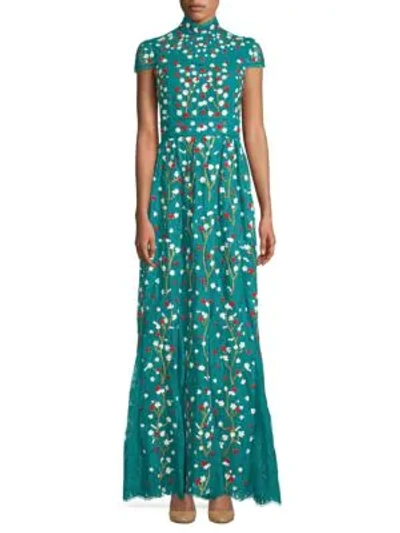 Alice And Olivia Arwen Floral-embroidered Cap Sleeve A-line Gown In Teal Multi