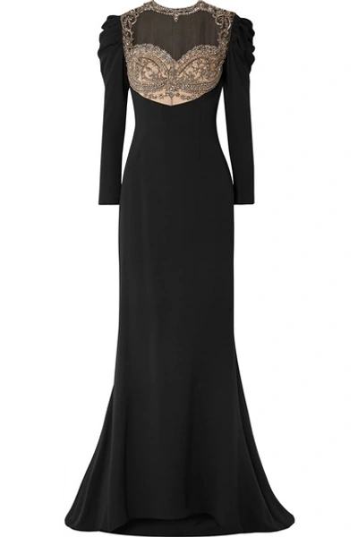 Reem Acra Embellished Tulle And Silk-cady Gown In Black