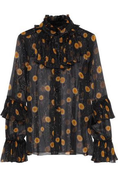 Anna Sui Woman Ruffled Metallic Floral-print Silk-blend Georgette Blouse Black
