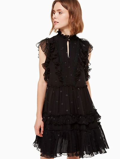 Kate Spade Mock-neck Cap-sleeve Devore Bakery Dot Mini Dress W/ Ruffles In Black
