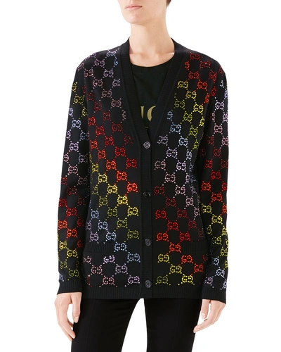 Gucci Rainbow Logo Intarsia Wool Knit Cardigan In Black