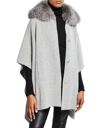 Sofia Cashmere Button-front Cashmere Cape W/ Fur Collar In Light Gray