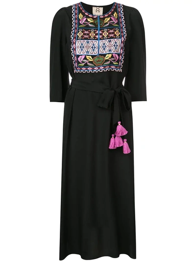 Figue Dahlia 3/4-sleeve Embroidered Bib Midi Dress In Black