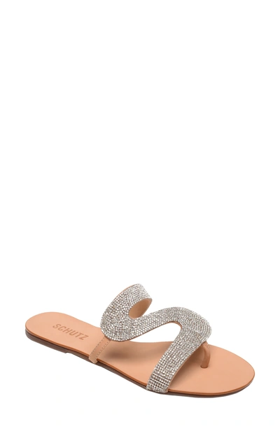 Schutz Noemi Embellished Flat Slide Sandals In Honey Beige Nubuck Leather
