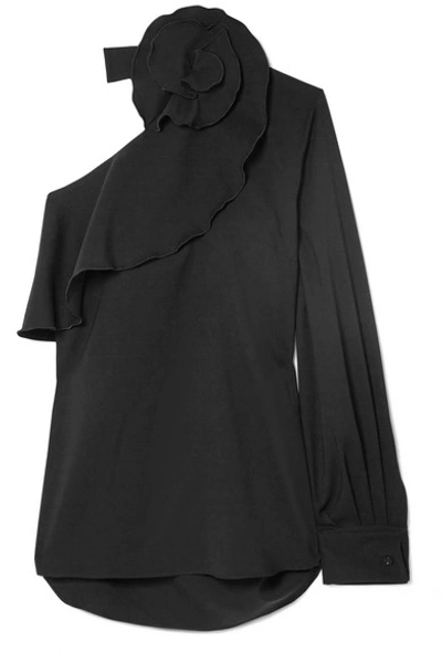 Oscar De La Renta One-shoulder Long-sleeve Ruffle Stretch-wool Top In Black