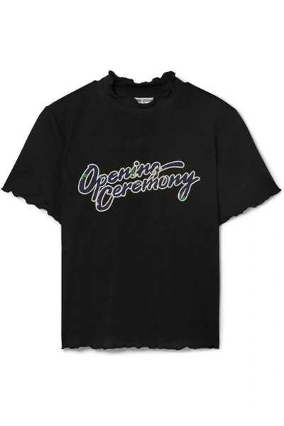 Opening Ceremony Cropped Appliquéd Ribbed Jersey T-shirt In Black