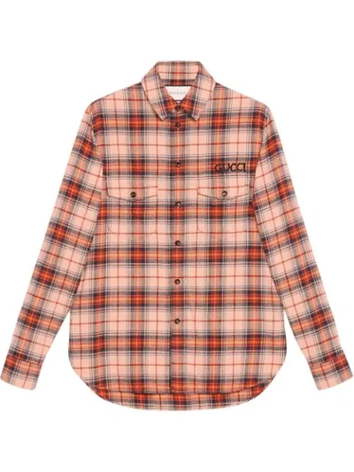 Gucci Check Cotton Shirt With Paramount Logo In Blue