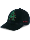 GUCCI GUCCI BLUE, RED AND GREEN LA ANGELS PATCH VELVET BASEBALL CAP