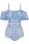 CAMILLA CAMILLA WOMAN SALVADOR SUMMER COLD-SHOULDER EMBELLISHED PRINTED SWIMSUIT BLUE,3074457345619596773