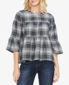 VINCE CAMUTO PLAID TIERED BELL-SLEEVE TOP