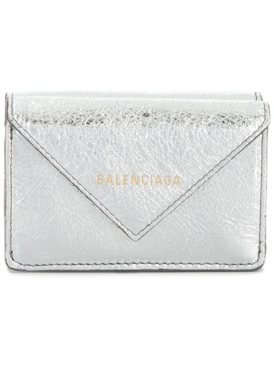 Balenciaga Papier Mini Printed Metallic Textured-leather Wallet In Silver