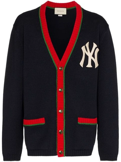 Gucci Embroidered Yankees Logo Tricolour Cardigan In Navy Wool