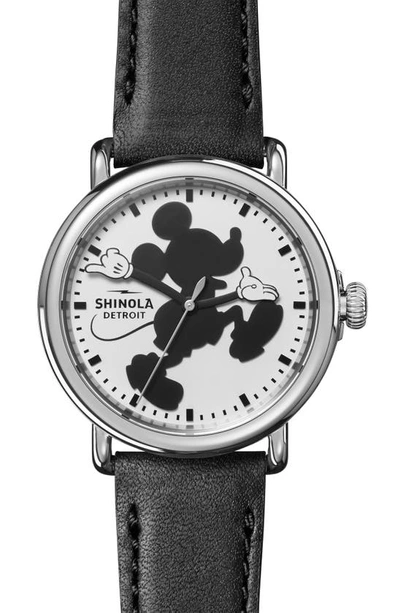 Shinola X Disney Runwell Mickey Classic Leather Strap Watch, 41mm In Silver/black