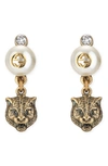 GUCCI FELINE HEAD FAUX PEARL EARRINGS,YBD43472700100U