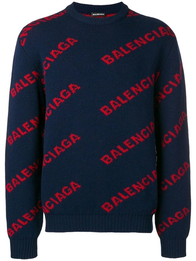 Balenciaga Men's Wool-blend Logo Intarsia Sweater In Blue