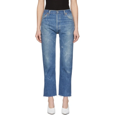 Re/done High-rise Whiskered Stovepipe Jeans With Raw-edge Hem In Indigo