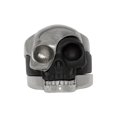 Alexander Mcqueen Gunmetal Divided Skull Ring Set In Silver