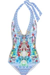 CAMILLA CAMILLA WOMAN MASKING MADNESS EMBELLISHED PRINTED HALTERNECK SWIMSUIT BRIGHT BLUE,3074457345619597243