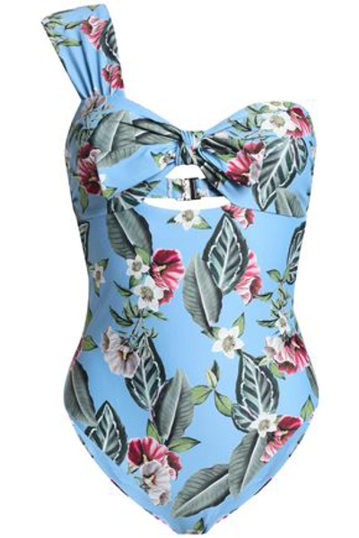 Nicholas Woman One-shoulder Floral-print Swimsuit Light Blue