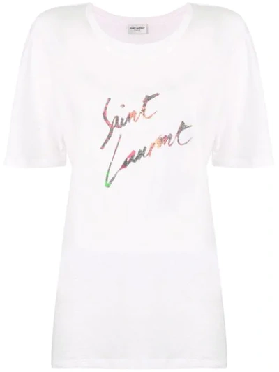 Saint Laurent Logo Print Cotton T-shirt In White