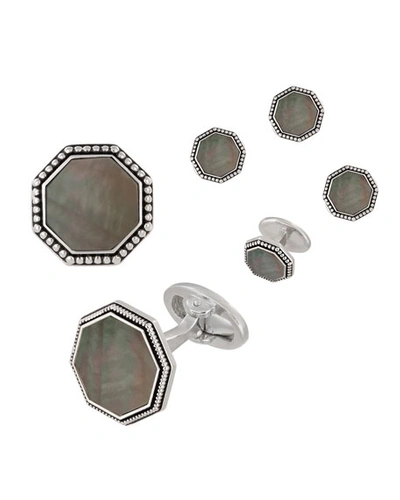 Jan Leslie Beaded Octagonal Mother-of-pearl Cuff Links Studs Set In Gray