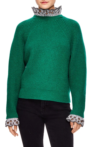 Sandro Wool Blend Poplin Detail Sweater In Green