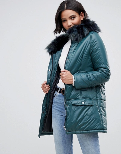 Urbancode Parka Coat With Onion Quilting And Faux Fur Hood In Green