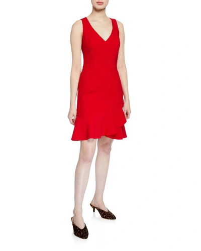 Trina Turk Spumante V-neck Sleeveless Double Luxe Dress With Flounce Hem In Red