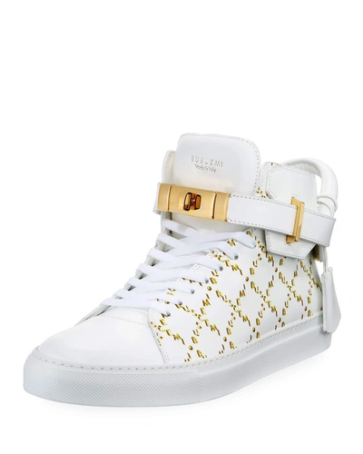 Buscemi Men's Monogramed Leather Mid-top Sneakers In White