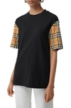 Burberry Women Black T-shirt With Vintage Check Motif On The Sleeves In Cotton Woman In Black