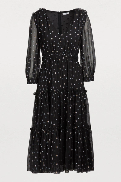 Erdem Elspeth Silk Midi Dress In Black Lilac Pale Blue