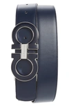 Ferragamo Men's Enamel Double Gancini Buckle Reversible Leather Belt In Navy/black