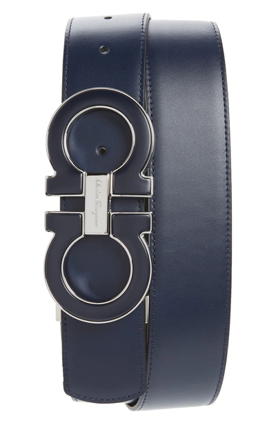 Ferragamo Men's Enamel Double Gancini Buckle Reversible Leather Belt In Navy/black