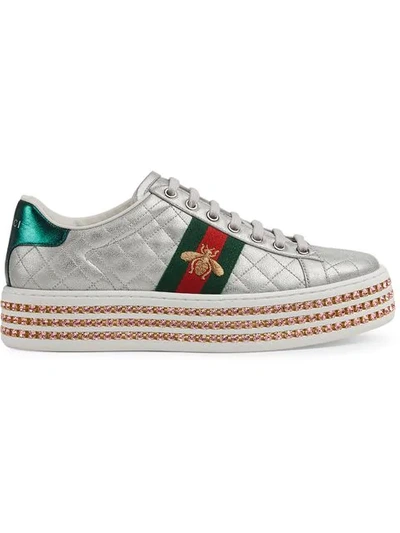 Gucci Quilted Crystal-platform Trainers In Silver
