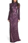 Mac Duggal Illusion Damask Embroidered Sequin Column Gown In Aubergine