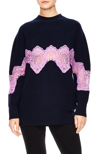 Sandro Mystere Oversized Lace Trim Sweater In Deep Navy