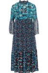 ANNA SUI ANNA SUI WOMAN GATHERED PRINTED JACQUARD AND GEORGETTE MIDI DRESS BLUE,3074457345619691240