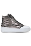 MCQ BY ALEXANDER MCQUEEN MCQ ALEXANDER MCQUEEN WOMAN METALLIC CRACKED-LEATHER HIGH-TOP SNEAKERS SILVER,3074457345619720426