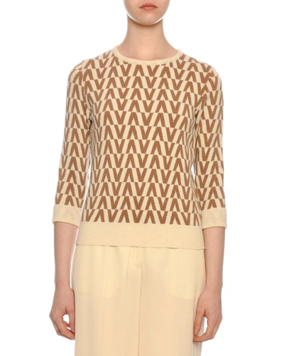Valentino 3/4-sleeve Logo-knit Wool-cashmere Sweater In White/brown