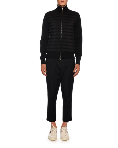 Moncler Slim-fit Panelled Cotton-blend Jersey And Quilted Shell Down Zip-up Sweater In Navy