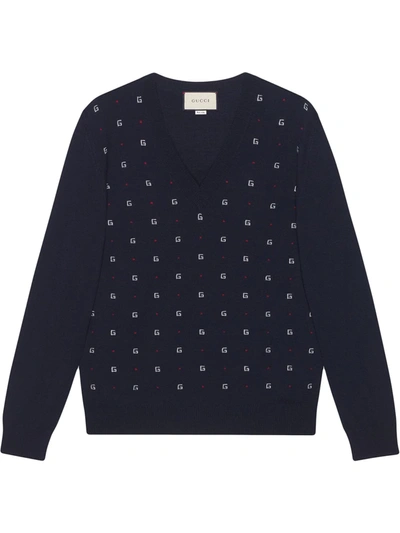 Gucci Slim-fit Logo-intarsia Wool Sweater In Blue