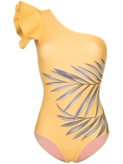 Johanna Ortiz Aloha Spirit单肩棕榈树印花连体泳衣 In Yellow