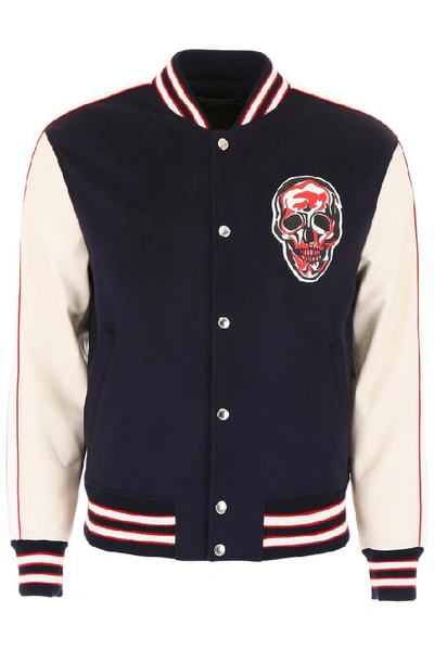 Alexander Mcqueen Bomber Jacket With Skull Patch In Blue,beige,red