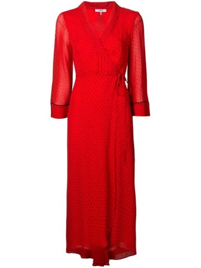 Ganni Polka-dot Chiffon Wrap Midi Dress In Red