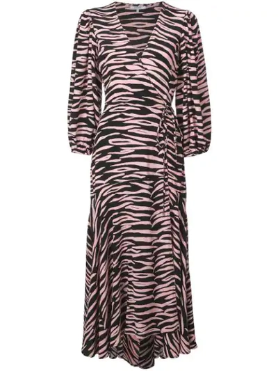 Ganni Lindale Tiger-print Wrap Dress In Black