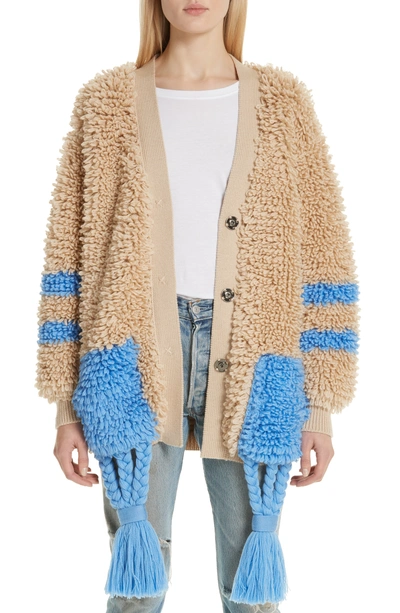 Off-white Tassel Hem Logo Wool Cardigan In Beige