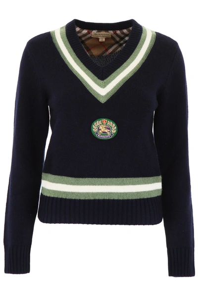 Burberry Embroidered Crest Wool Cashmere Sweater In Blue