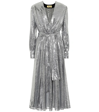 Msgm Belted Sequined Tulle Midi Dress In Silver